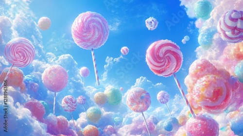 Candy cloudscape, lollipops float, dreamy sky, whimsical scene, sweet treat background photo