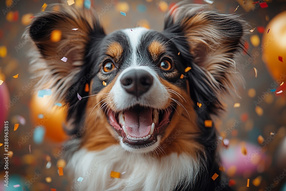 A cute dog with oversized fluffy ears and a wagging tail, surrounded by colorful balloons and confetti, celebrating a birthday. The dog has a joyful, playful expression, and the vibrant colors create A cute dog with oversized fluffy ears and a wagging tail, surrounded by colorful balloons and confetti, celebrating a birthday. The dog has a joyful, playful expression, and the vibrant colors create