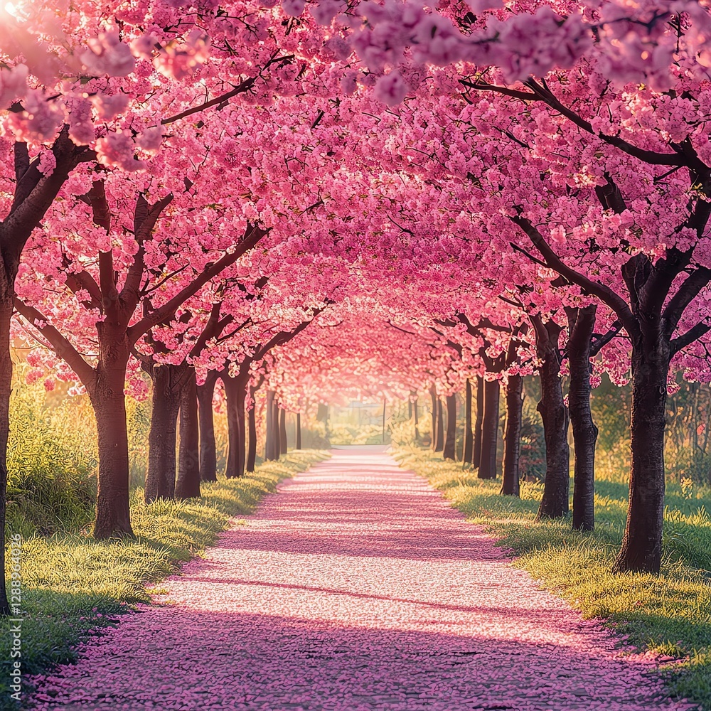 Naklejka premium Cherry Blossom Festivals Blossoming pink trees line a tranquil path.