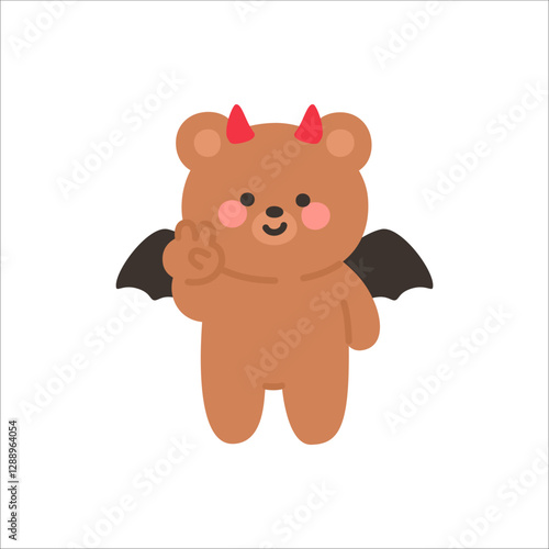 Devil Bear Standing and Holding Up Two Fingers in a Victory Pose