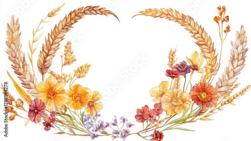 Wreath of wild grasses, cereals, ears and leaves. Decor for graphic design, printing and packaging. Isolated hand-drawn watercolor illustration.