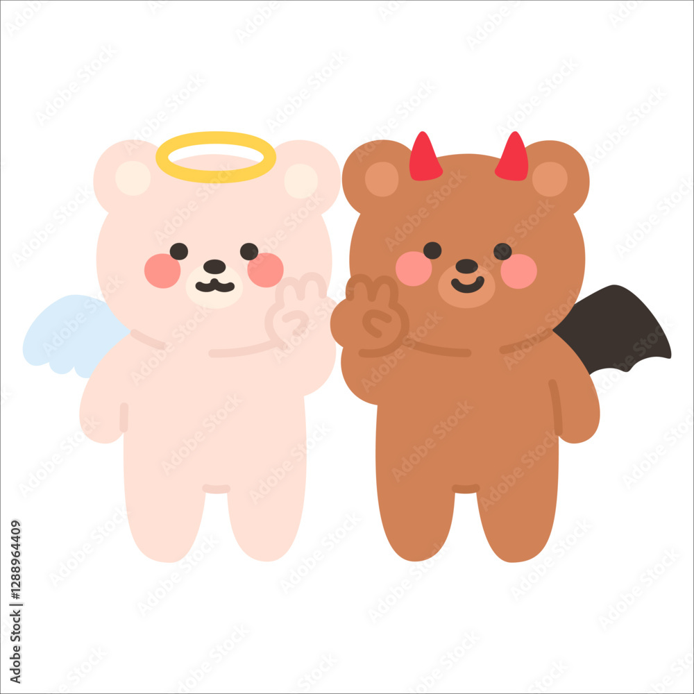 Obraz premium Angel and Devil Bears Giving a Thumbs Up with Cheerful Smiles