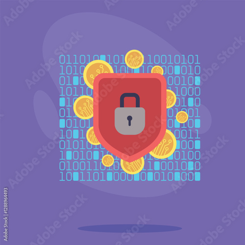 Secure shield with padlock, surrounded by digital coins and binary code. Importance of security in cryptocurrency sector concept