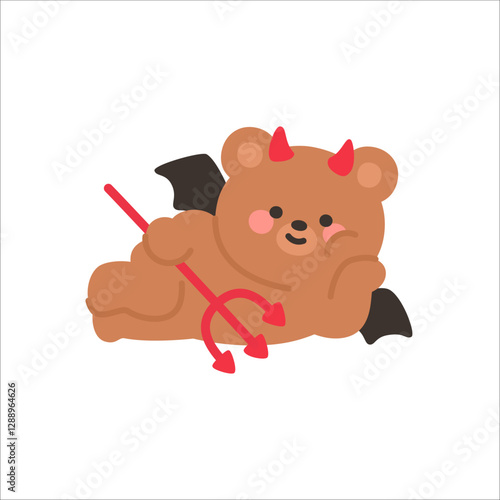 Mischievous Devil Bear Lying Down with a Playful Smirk Holding a Trident