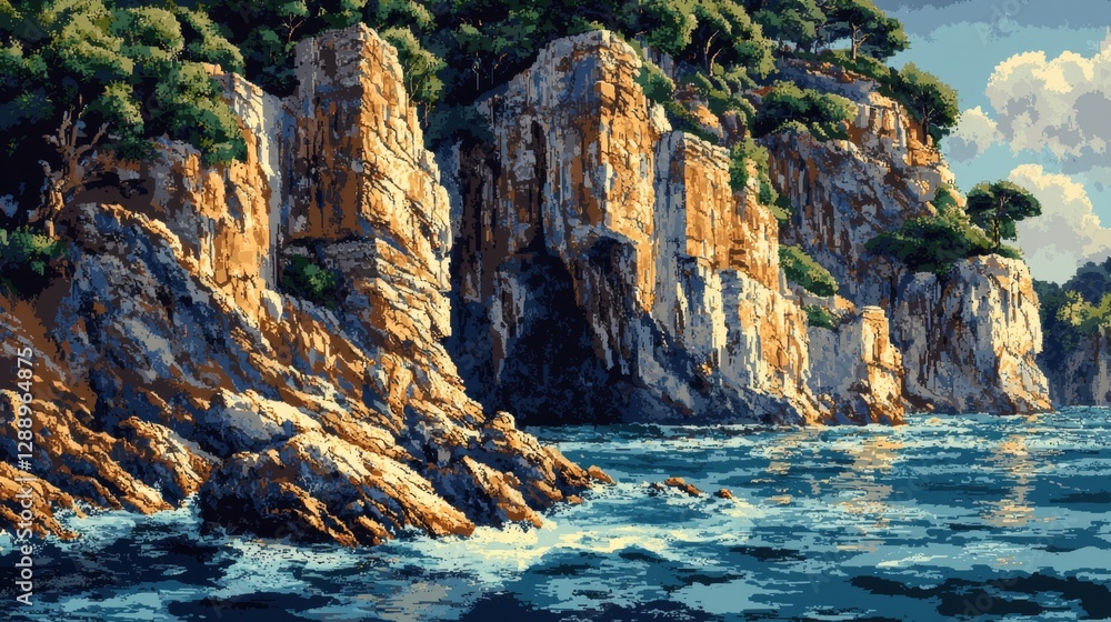 Serene Seaside Rocky Cliffs Under Bright Blue Sky with Turquoise Waters and Lush Greenery in a Peaceful Coastal Landscape Serene Seaside Rocky Cliffs Under Bright Blue Sky with Turquoise Waters and Lush Greenery in a Peaceful Coastal Landscape