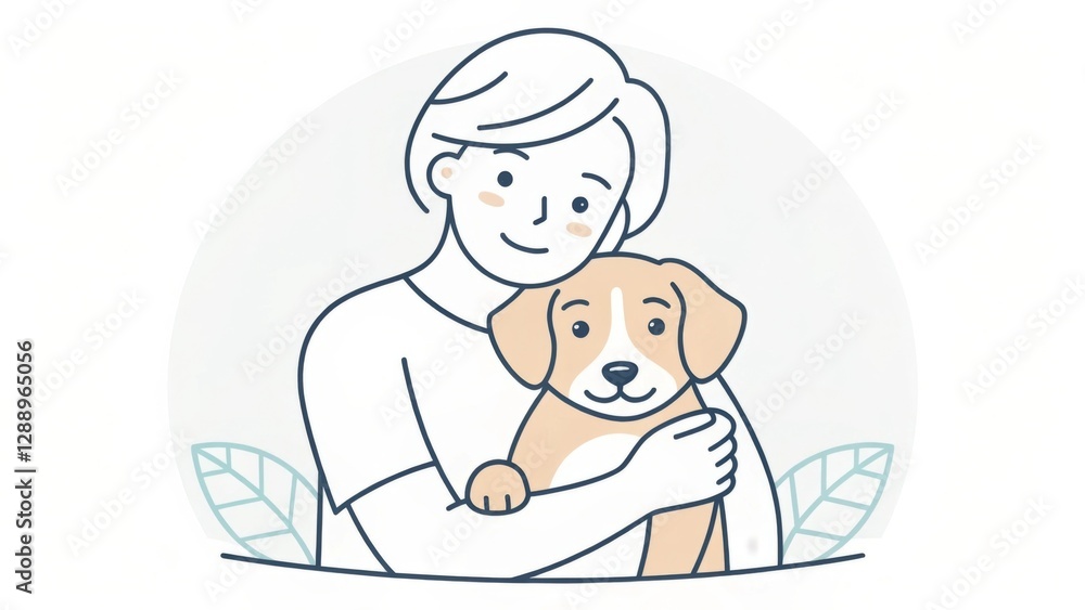 A single-line drawing of a person embracing their pet, capturing warmth and companionship A single-line drawing of a person embracing their pet, capturing warmth and companionship