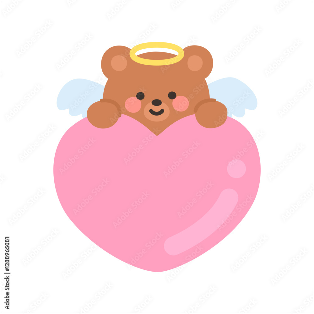 Angel Bear Popping Up from Behind a Large Pink Heart with a Playful Smile Angel Bear Popping Up from Behind a Large Pink Heart with a Playful Smile