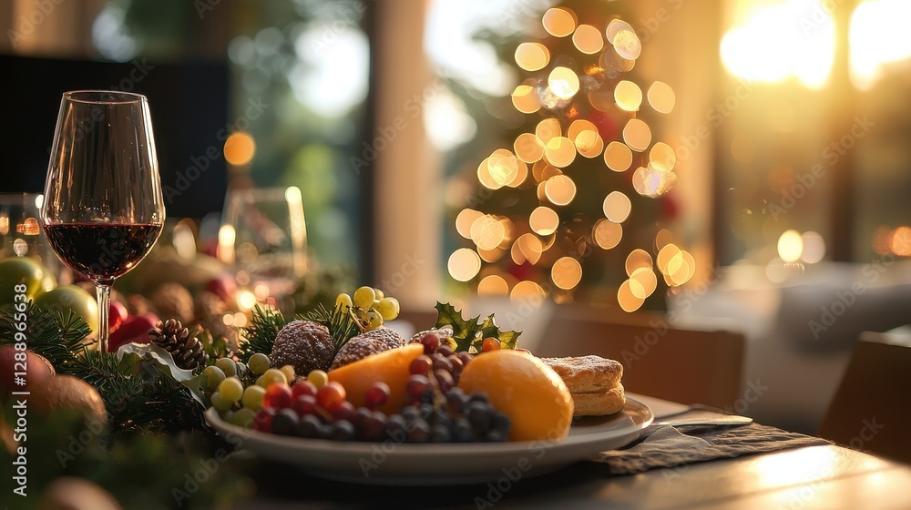 Festive Christmas Dinner Table with Colorful Fruit, Wine Glass, and Beautifully Decorated Christmas Tree Festive Christmas Dinner Table with Colorful Fruit, Wine Glass, and Beautifully Decorated Christmas Tree