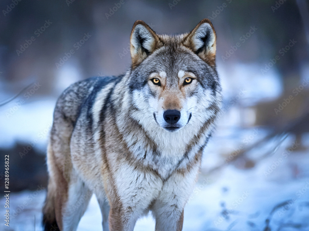 Naklejka premium Majestic Gray Wolf Standing in Snowy Forest During Wintertime
