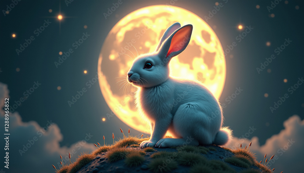 White rabbit sitting under full moon at night White rabbit sitting under full moon at night