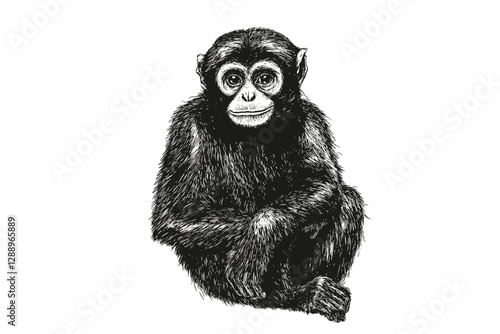 Vintage hand-drawn gibbon art, wildlife illustration, trendy black sketch effect, animal art, old engraving style, nature wall decor, jungle artwork, wildlife art.