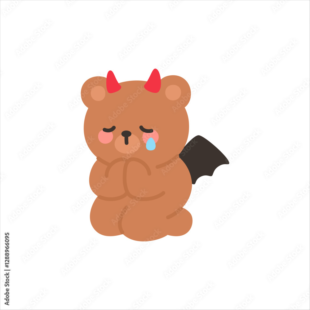 Obraz premium Sad Devil Bear Sitting in Prayer with Tearful Expression
