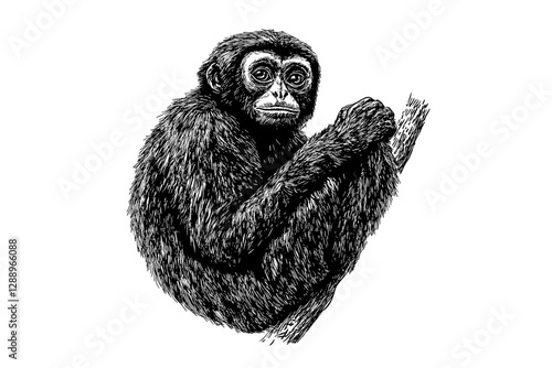 Gibbon wildlife illustration, hand-drawn animal art, vintage engraving style, black sketch effect, trendy wall decor, nature art, jungle artwork, white background.