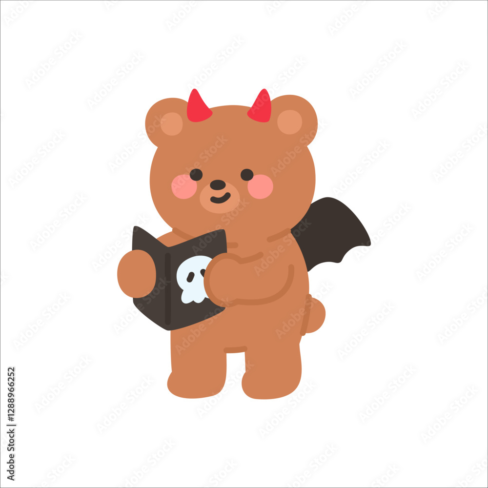 Obraz premium Devil Bear Standing While Reading a Black Book with a Skull on the Cover