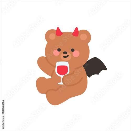 Devil Bear Sitting and Waving While Holding a Glass of Wine