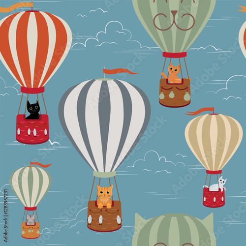 Cute cats flying high in striped hot air balloons in the blue sky. Seamless vector pattern