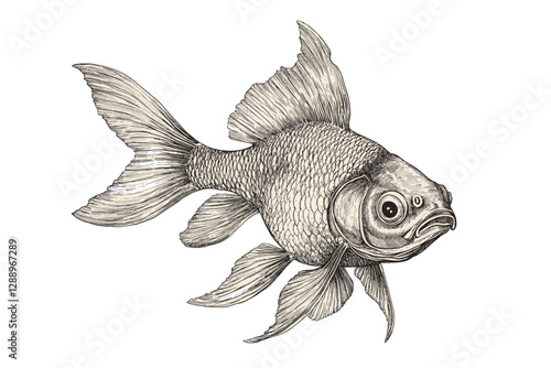 Old engraving style, wildlife print, aquatic art, hand-drawn goldfish, black sketch effect, vintage illustration, ocean decor, marine creatures, sea life design