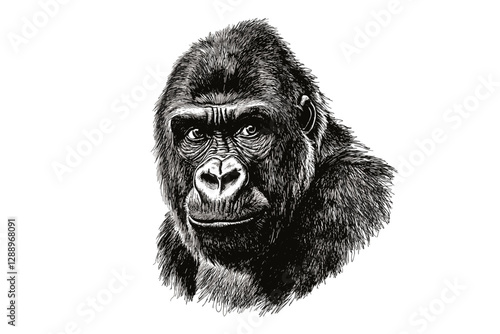 Animal art hand-drawn gorilla in old engraving style, black sketch effect, vintage wildlife illustration, trendy wall decor, retro nature art, wildlife decor, monochrome sketch.