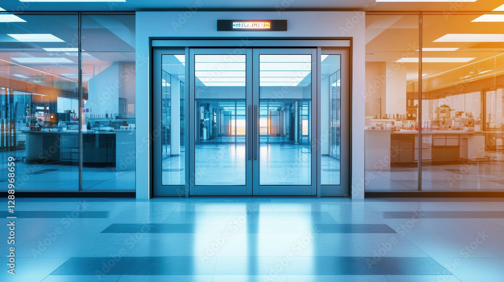 Fototapeta premium Automatic door leading into brightly lit modern office space, showcasing sleek design and open layout