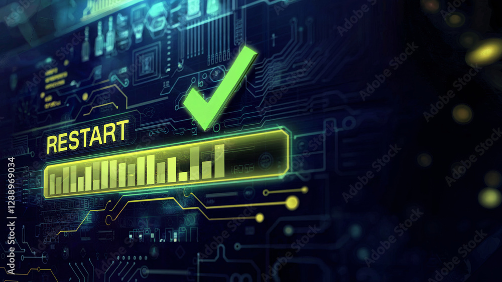 Abstract High-Tech Interface with Restart Progress Bar and Green Checkmark Abstract High-Tech Interface with Restart Progress Bar and Green Checkmark