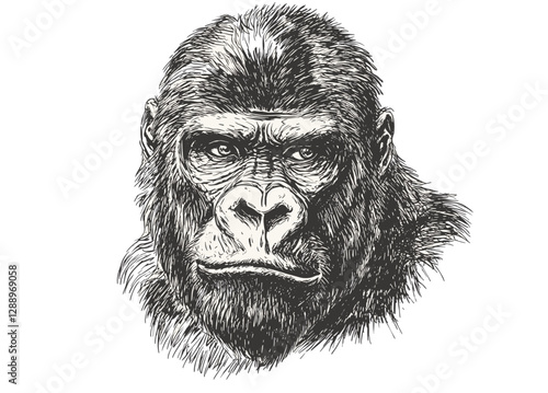 Vintage art, hand-drawn gorilla in black sketch effect, animal art, trendy wall decor, wildlife illustration, retro jungle art, wildlife sketch, monochrome nature decor.