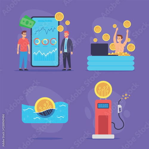 Various characters engaged in cryptocurrency activities, including monitoring market graphs, celebrating gains in pool of coins, and displaying gas station styled crypto dispenser