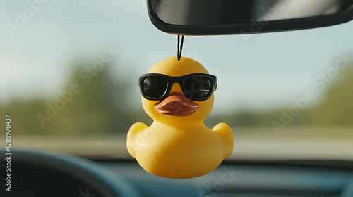 Cool Duck Ride: Yellow rubber duck with sunglasses hanging from car's rearview mirror, adding a quirky touch to the interior, blurring the road outside. photo