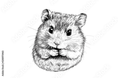 Animal art, hand-drawn hamster, wildlife illustration, vintage art, trendy black sketch effect, white background, hamster wall decor, retro wildlife art.