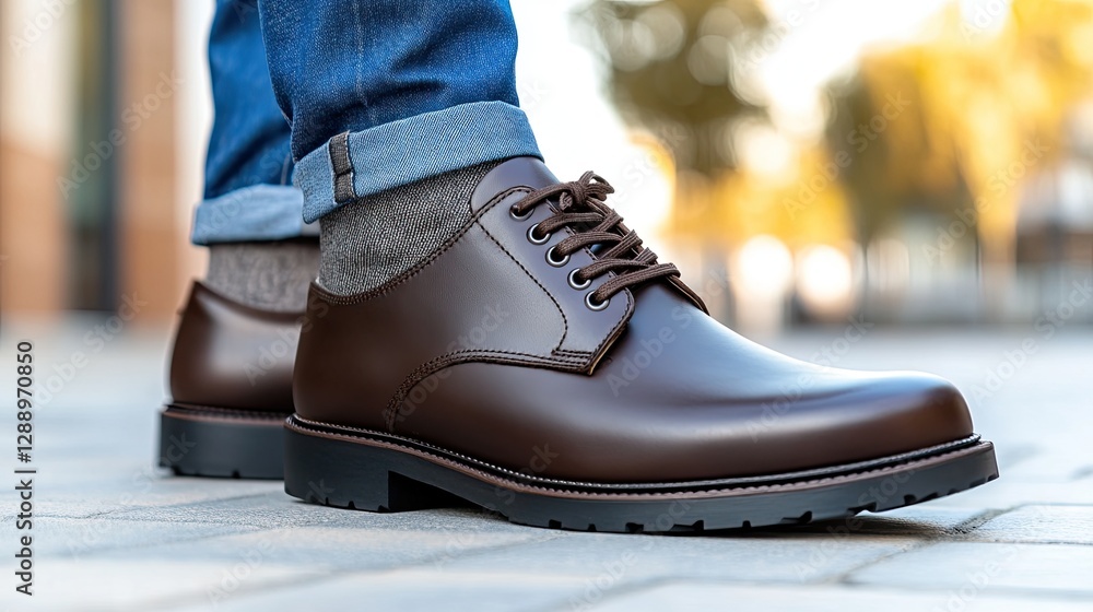 Close-up view of a man with brown chukka boots and jeans enjoying a sunny day in an urban setting with a minimalistic backdrop Close-up view of a man with brown chukka boots and jeans enjoying a sunny day in an urban setting with a minimalistic backdrop