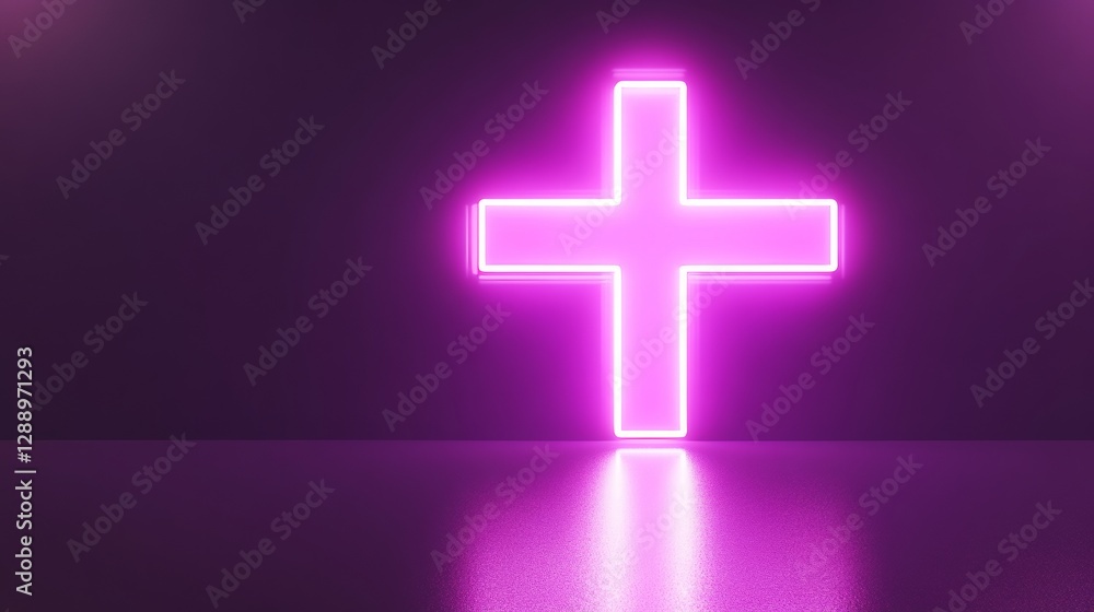 Obraz premium White neon glow plus sign on purple, 3D effect. 