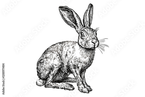 Animal print hare hand-drawn, trendy vintage art, black sketch effect, old engraving style, white background illustration.