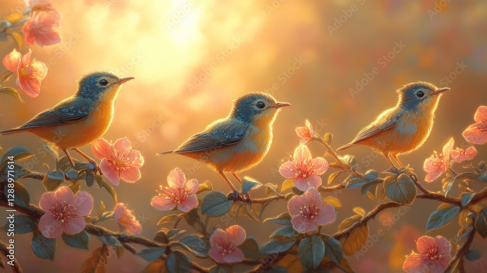 Obraz premium Three birds on blossom branch at sunrise