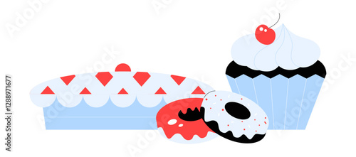 Assorted Desserts Including Cupcake, Pie, and Cookies in Flat Vector Illustration Symbolizing Baking, Patisserie, Sweet Treats, and Confectionery, Isolated on White Background