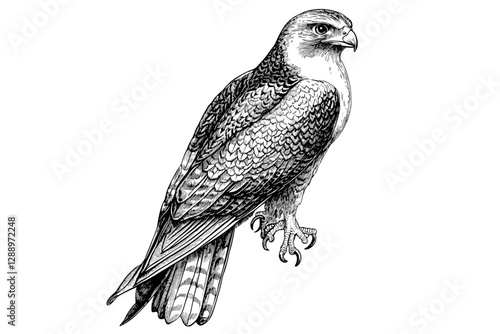 Wildlife print with a hand-drawn hawk, trendy bird art, black sketch effect, vintage illustration, old engraving style, nature print, animal artwork, creative design.