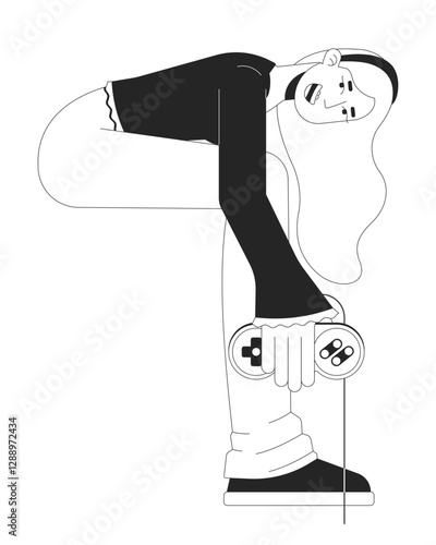 Y2k girl with long blonde hair holding game controller black and white 2D line character. Gaming nostalgia. Retro female gamer crouching isolated vector outline person. Monochromatic spot illustration