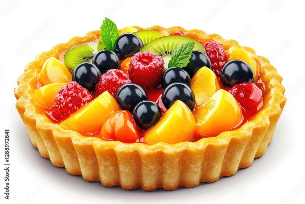 french patisserie Colorful fruit tart topped with an assortment of fresh berries and mint leaves. french patisserie Colorful fruit tart topped with an assortment of fresh berries and mint leaves.