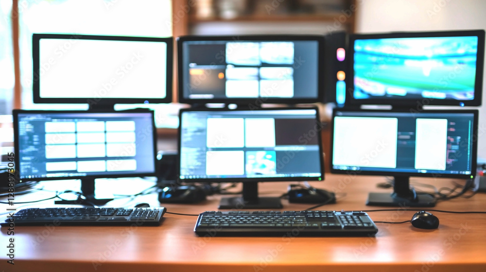 Naklejka premium Multiple Computer Monitors on a Wooden Desk in a Bright Office