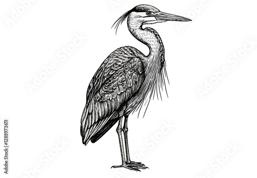 Vintage wildlife art, black sketch heron, hand-drawn aquatic animal illustration, trendy rodent vector, antique style print, aquatic creature, retro art.