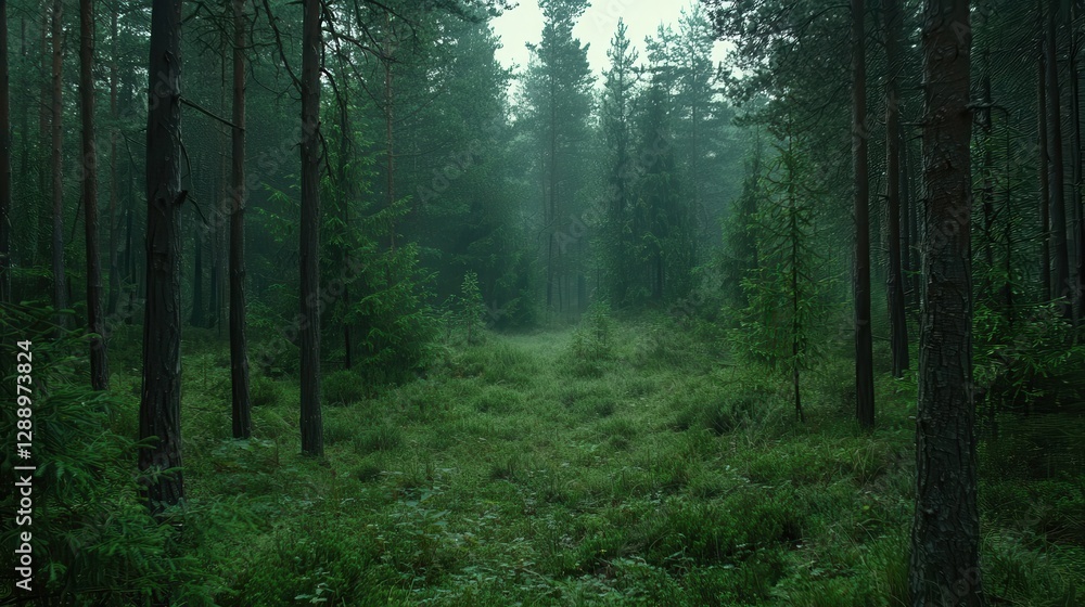 Obraz premium Misty Forest Path Surrounded by Tall Pine Trees and Lush Green Foliage in a Serene Nature Landscape