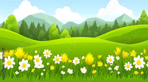 Lush Green Meadow with Colorful Flowers Under a Bright Blue Sky and Mountain Range Background