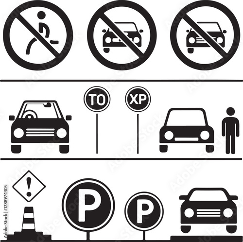 Parking Signs and Symbols: Parking Restrictions, Handicap Access, and Payment Stations.
