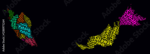 Malaysia Word Cloud. Region names of the country in Malay language. Bright neon style design on dark background. Malaysia shape with administrative division. Artistic vector illustration.