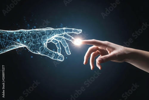 Humanity and Technology: A digital human hand extends toward a real human hand, connected by a beam of light, depicting innovation and technological advancement.