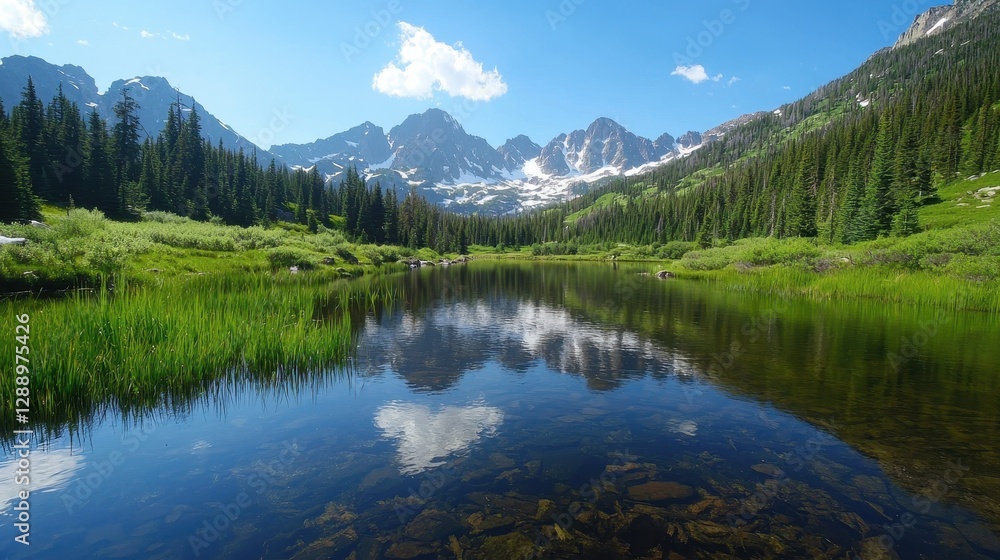 Serene Mountain Landscape with Clear Water Reflection and Lush Green Vegetation Under Blue Sky and White Clouds Serene Mountain Landscape with Clear Water Reflection and Lush Green Vegetation Under Blue Sky and White Clouds