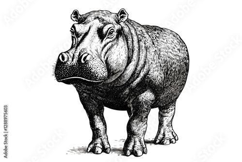 Black sketch effect of a large animal, hand-drawn hippopotamus in vintage style, wildlife illustration, antique art, vector print design, trendy wall decor