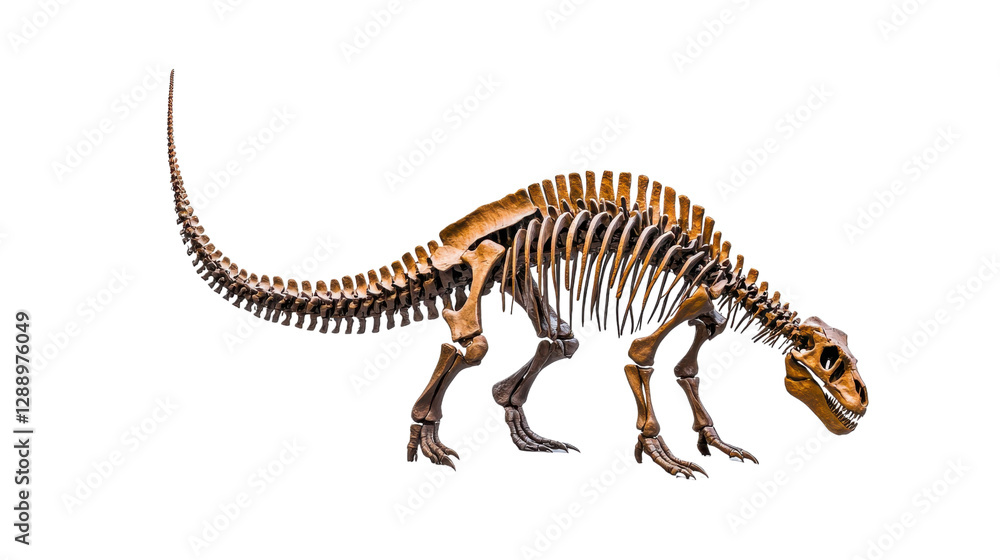 Detailed skeletal remains of a prehistoric dinosaur displayed in a natural history museum or research facility showcasing the scientific study and of extinct animal species from the Mesozoic era Detailed skeletal remains of a prehistoric dinosaur displayed in a natural history museum or research facility showcasing the scientific study and of extinct animal species from the Mesozoic era