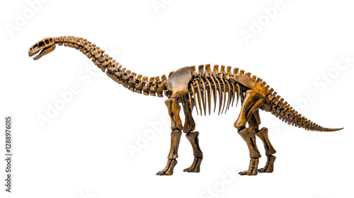 Skeleton of an Extinct Sauropod Dinosaur on Display in a Natural History Museum or Paleontology Exhibit  Prehistoric Fossil Remains of a Massive Herbivorous Dinosaur from the Jurassic Period