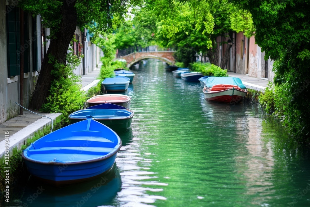 Canal Boats and Tranquil Waters - Serene canal scene, colorful boats moored, lush greenery, arched bridge, peaceful atmosphere. Symbolizes tranquility, serenity, nature, travel, and escape Canal Boats and Tranquil Waters - Serene canal scene, colorful boats moored, lush greenery, arched bridge, peaceful atmosphere. Symbolizes tranquility, serenity, nature, travel, and escape