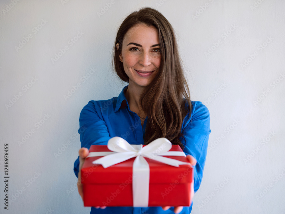 smiling woman presents a beautifully wrapped gift box with a white ribbon against a neutral background. smiling woman presents a beautifully wrapped gift box with a white ribbon against a neutral background.
