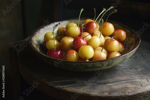 Fresh rainier cherries in rustic bowl on wooden table photo